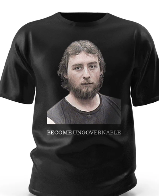 A black T-shirt features a portrait of a bearded man with the text "BECOME UNGOVERNABLE" printed below.
