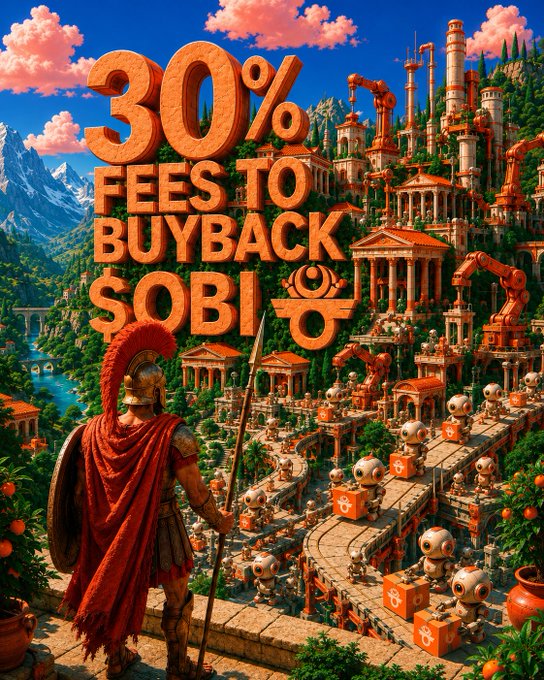 A vibrant promotional graphic with large text reading '30% FEES TO BUYBACK $OBI' set against an illustrated Roman/Spartan cityscape with a warrior figure overlooking the scene.