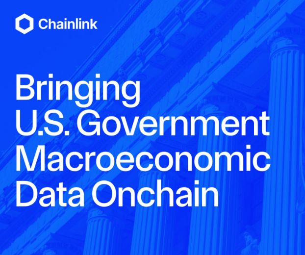 A Chainlink promotional graphic on a blue background reading 'Bringing U.S. Government Macroeconomic Data Onchain'.