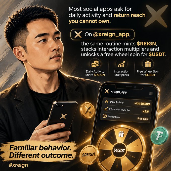 Promotional ad for the @xreign_app showing a man holding a phone, advertising that daily activity mints $REIGN tokens and unlocks a free wheel spin for $USDT, with the tagline "Familiar behavior. Different outcome."