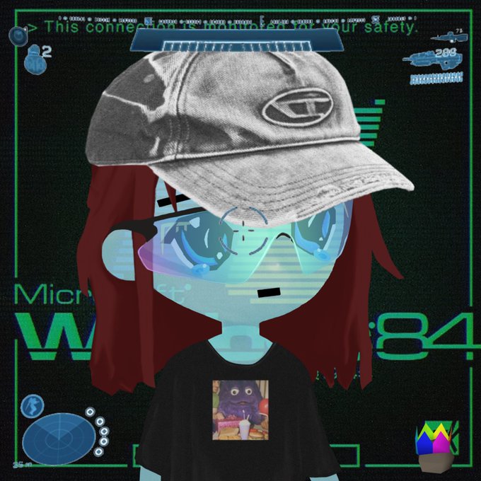 A digital, glitch-style avatar with glowing blue eyes and a gray 'Champion' cap wears a black t-shirt featuring the character Grimace from McDonald's, set against a dark green digital interface.