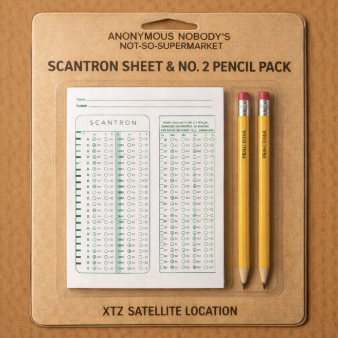 A novelty blister pack labeled 'ANONYMOUS NOBODY'S NOT-SO-SUPERMARKET SCANTRON SHEET & NO. 2 PENCIL PACK' contains a Scantron sheet and two yellow pencils labeled 'PENCIL ZILLA' with 'XTZ SATELLITE LOCATION' printed below.