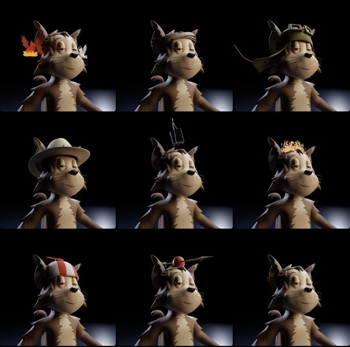 A 3x3 grid showing a 3D animated cat character wearing various different hats and accessories, such as a dragon, cowboy hat, crown, and propeller beanie.