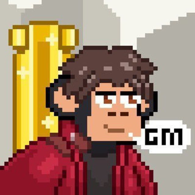 A pixel art portrait of a brown-haired character in a red jacket next to a yellow pillar, with a 'Gm' speech bubble.