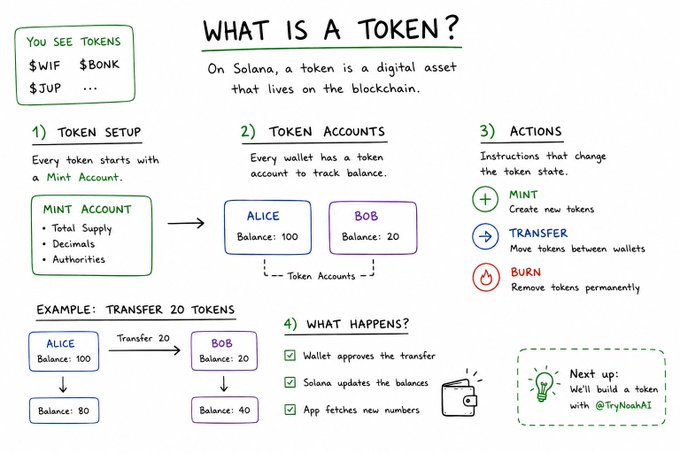 An educational infographic titled 'WHAT IS A TOKEN?' explaining Solana tokens, including token setup, token accounts, and actions like mint, transfer, and burn.