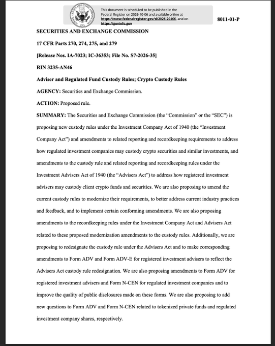 SEC document titled 'Adviser and Regulated Fund Custody Rules; Crypto Custody Rules' proposing new custody rules under the Investment Company Act of 1940 and amendments under the Investment Advisers Act of 1940 regarding crypto custody, with Release No. IA-7023.