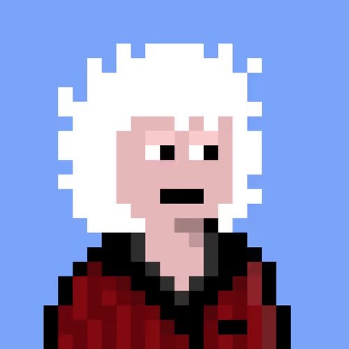 A simple pixel art illustration of a character with wild white hair, a neutral expression, and a dark red collared shirt on a light blue background.