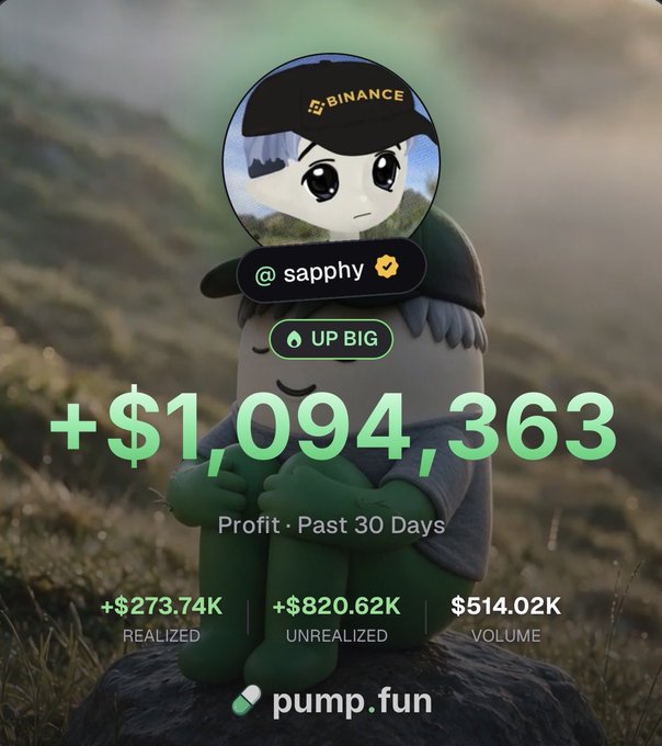 A Pump.fun performance screenshot displays "@sapphy" achieving "+$1,094,363 Profit · Past 30 Days" (+$273.74K Realized, +$820.62K UNREALIZED, $514.02K Volume), visualizing the post's boast of growing from $0 to $1M.