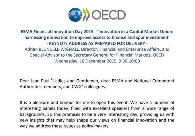 An OECD document displays a keynote address titled 'ESMA Financial Innovation Day 2015 - Innovation in a Capital Market Union' delivered by Adrian Blundell-Wignall on 16 December 2015.
