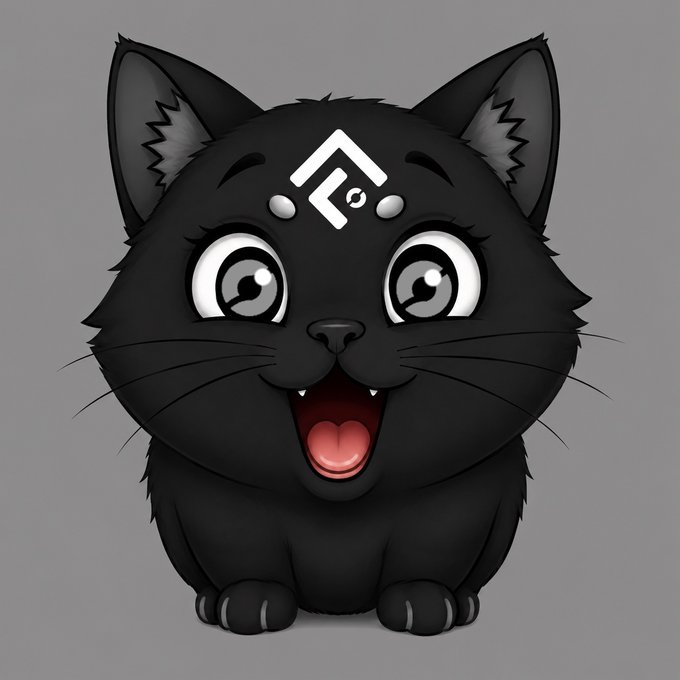 A cute chibi-style black kitten with large expressive eyes and an open smiling mouth sits against a plain gray background.