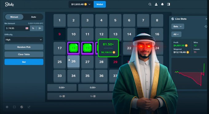 A screenshot of a Stake betting interface showing a roulette-style grid with an 81.50x multiplier hit for $6,108.52, featuring a wallet balance of $12,833.48 and a roulette-winning character in traditional Arab attire with glowing red eyes highlighting the big win.