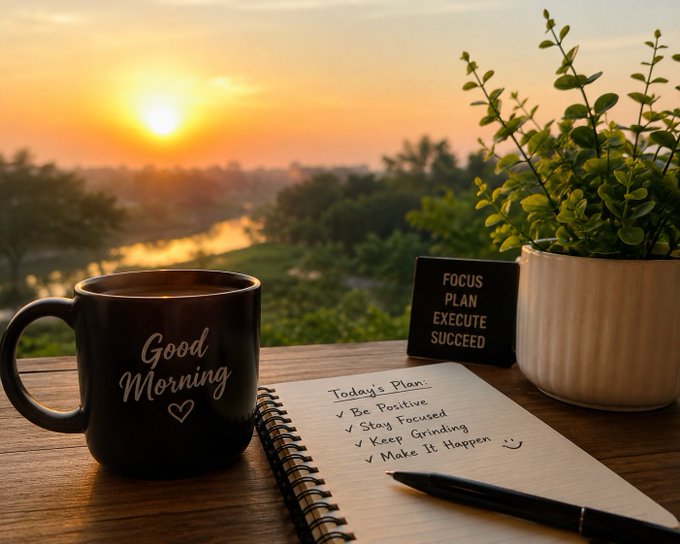 A 'Good Morning' coffee mug sits on a wooden table next to a notebook listing today's plan (Be Positive, Stay Focused, Keep Grinding, Make It Happen) and a small sign reading 'FOCUS PLAN EXECUTE SUCCEED' against a sunrise backdrop.