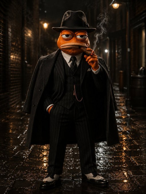A figure with an orange fish head wearing a black pinstripe suit, fedora hat, and smoking a cigar stands in a wet, dimly lit alleyway in a film noir style.