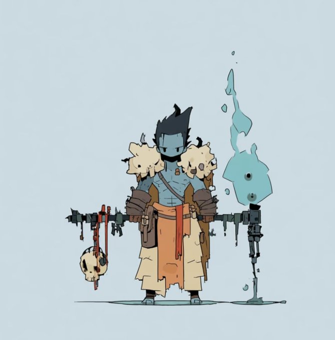 A stylized illustration of a fantasy character with dark hair and blue-tinted skin, wearing tattered fur-trimmed robes and holding weapons, accompanied by a floating ghostly blue figure.