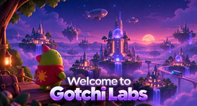 A digital illustration featuring a green character wearing a red cape looking out over a fantastical floating island city at twilight, with the text 'Welcome to Gotchi Labs'.