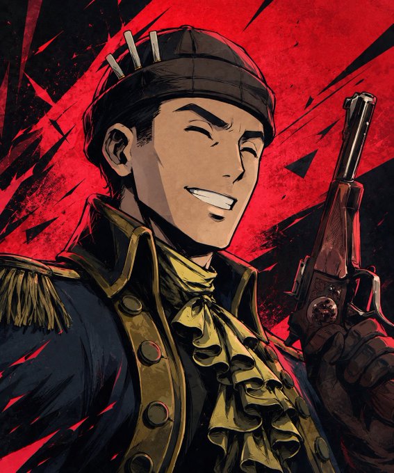 An anime/comic-style illustration of a smiling man in a Napoleonic-era military uniform with gold epaulettes, holding a revolver against a dramatic red and black background.