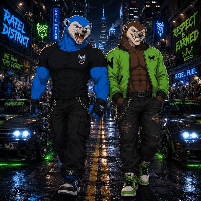 A digital illustration depicts two anthropomorphic animals—a muscular blue bear in a black shirt and a brown bear in a green jacket—standing on a wet city street, surrounded by graffiti reading 'RATEL DISTRICT', 'RATEL MAFIAS', 'WE RUN THIS DISTRICT', and 'RESPECT IS EARNED RATEL FUEL'.