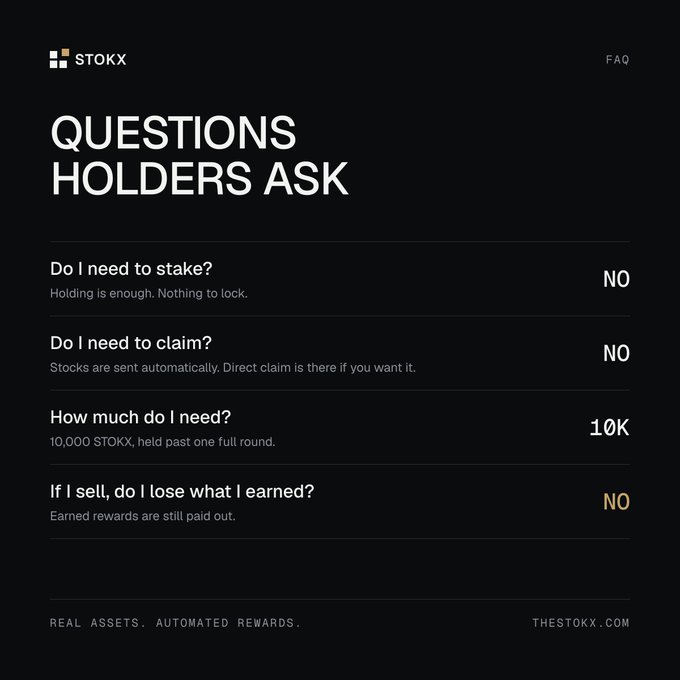 A dark-themed FAQ graphic for STOKXX titled 'QUESTIONS HOLDERS ASK,' addressing staking, claiming, holding requirements (10K), and selling, featuring the website thestockxx.com.