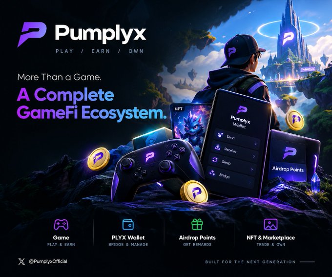 A promotional graphic for 'Pumplyx' advertises a GameFi ecosystem with the tagline 'More Than a Game. A Complete GameFi Ecosystem,' featuring logos for Play / Earn / Own, PLYX Wallet, Airdrop Points, and NFT & Marketplace, along with the handle @PumplyxOfficial.