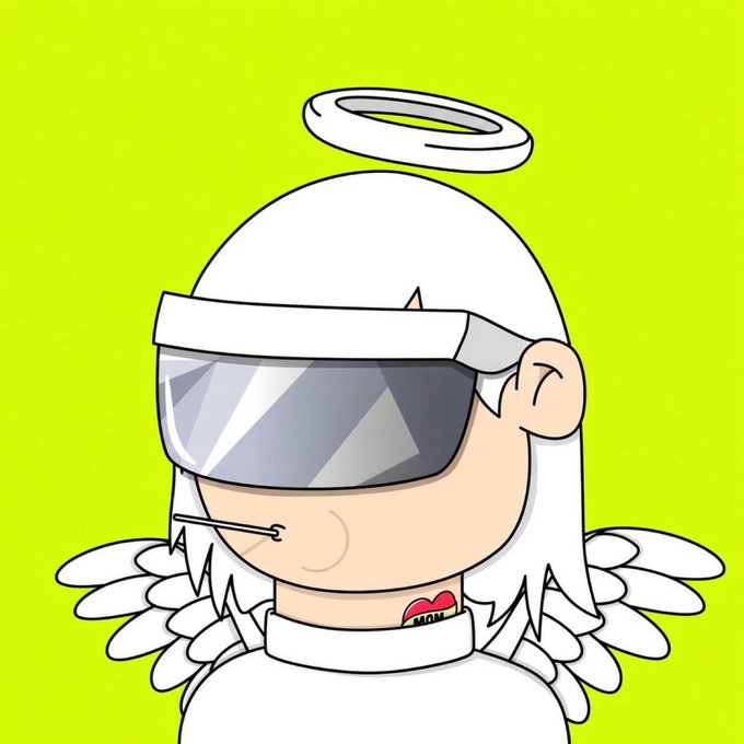 Digital illustration of an anime-style character with white hair, a halo, large reflective visor/goggles, and a safety pin through the nose, wearing feathered shoulder pads.