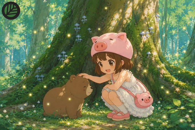 An anime-style illustration of a smiling girl wearing a pink pig hat and matching pig purse, petting a small brown bear in a magical forest with glowing mushrooms and fireflies.
