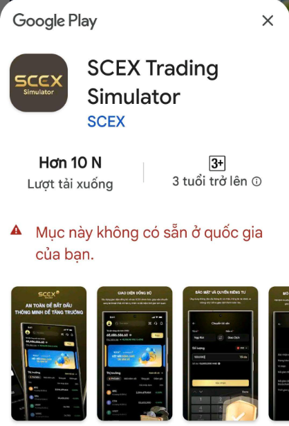 A Google Play Store listing in Vietnamese for the 'SCEX Trading Simulator' app by SCEX, showing it has over 10K downloads and includes screenshots of its stock trading interface.