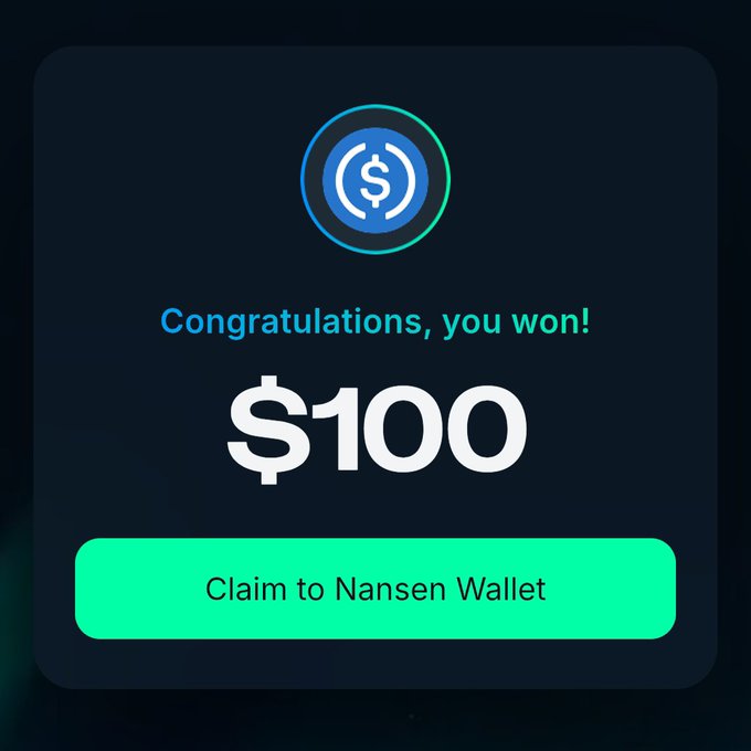 A screenshot of a $100 win from the Nansen Wallet Week 9 raffle, featuring a congratulatory message and a green "Claim to Nansen Wallet" button. The image directly illustrates the poster's claim of winning $100 in @nansen_ai's Week 9 raffle, encouraging others to share their own screenshots before the final week.