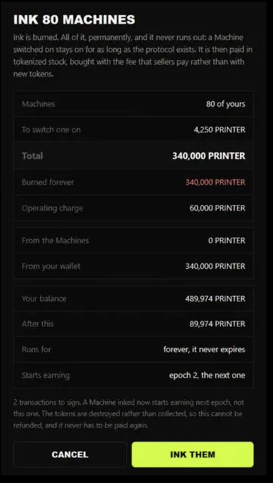 A mobile app screen titled 'INK 80 MACHINES' detailing a transaction to permanently burn tokens by converting them to machines that generate PRINTER tokens forever.