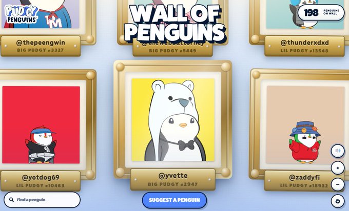 A 'Wall of Penguins' page from Club Penguin, showcasing various penguin avatars in frames with usernames like '@thepeengwin' and '@yvette', along with a 'SUGGEST A PENGUIN' button.