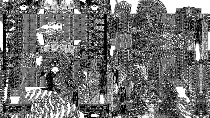 A black-and-white digital artwork featuring a dense, abstract composition of layered textures, patterns, and glitch-like visual elements that evoke the chaotic aesthetic of a "calculating machine." The piece reflects the show's theme of "Escaping the Calculating Machine," commissioned by Rhizome in celebration of 25 years of online art, with this work offered via a 0.5 ETH bid by @bleu281_.