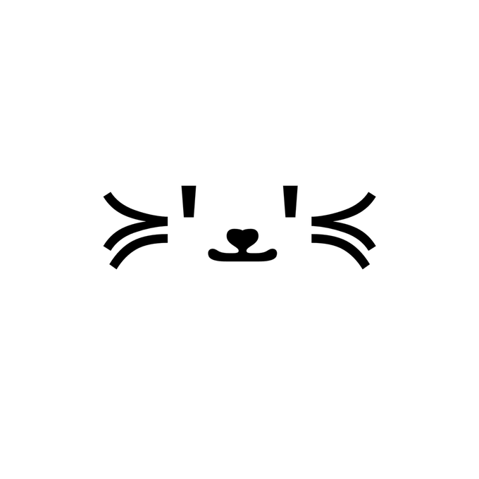 A minimalist black-and-white line drawing of a cute cat face featuring whiskers, vertical eyes, and a heart-shaped nose.