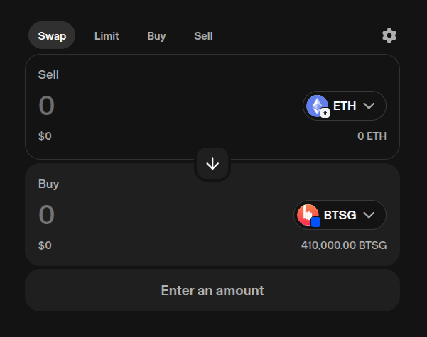 A dark-mode cryptocurrency swap interface showing a Sell field for ETH (0 ETH) and a Buy field for BTSG tokens (410,000.00 BTSG), with an 'Enter an amount' button at the bottom.