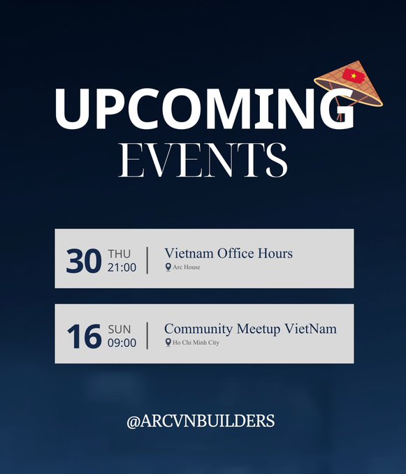 A promotional graphic with a dark blue background titled 'UPCOMING EVENTS' in large white text, featuring a small illustration of a Vietnamese hat. It lists two events: '30 THU 21:00 Vietnam Office Hours' at Arc House, and '16 SUN 09:00 Community Meetup VietNam' in Ho Chi Minh City, with '@ARCVNBUILDERS' displayed at the bottom.