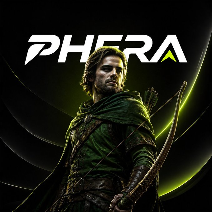 A poster featuring an archer in green robes holding a bow, with the text "PHERA" displayed above him.