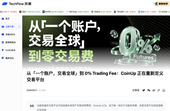 TechFlow article about CoinUp with headline '从「一个账户，交易全球」到零交易费' (From 'One Account, Trade Globally' to Zero Trading Fees), featuring crypto tickers like ZEC, HYPE, VIRTUAL, ONDO, TRUMP, and SUI.