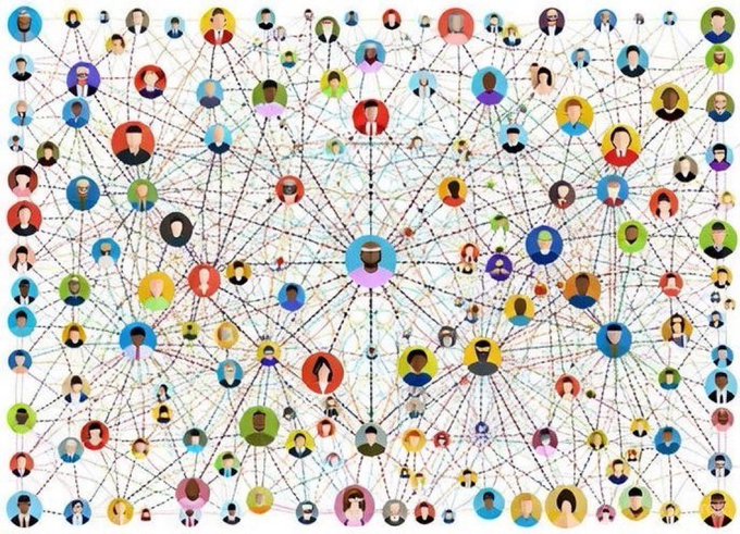 A vibrant network diagram depicting numerous interconnected user profile icons, illustrating the concept of social media engagement and community. The image visually reinforces the post's message of mutual support, suggesting that by following the account, small accounts become linked and benefit from being boosted.