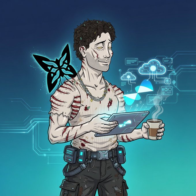 A stylized illustration shows a wounded but composed man with curly hair, a torn shirt, and a gold chain, holding a tablet displaying a blue logo in one hand and a steaming coffee cup in the other, with glowing circuit patterns and a translucent butterfly emerging behind him—mirroring the post's scene of casually reviewing testnet results on a tablet while enjoying coffee.