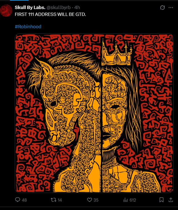 A tweet from Skull By Labs (@skullbyrb) announces 'FIRST 111 ADDRESS WILL BE GTD.' with the hashtag #Robinhood, featuring intricate gold and red artwork of a figure split between a robotic and human face crowned with a golden crown.