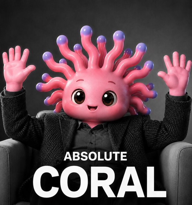 A promotional image featuring a cute, pink, tentacled mascot character wearing a black cardigan and raising its hands, with the text 'ABSOLUTE CORAL' at the bottom.
