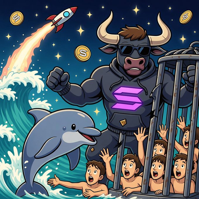 A cartoon-style crypto meme featuring a muscular bull wearing sunglasses and a Solana hoodie, a rocket launching into space with a 'S' logo, floating Solana coins, a jumping dolphin, and a crowd of excited fans in a cage.