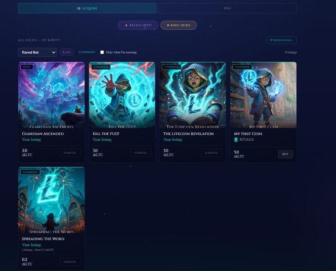 A digital marketplace interface displaying NFT collectibles titled 'Relics' featuring various magical character artworks with prices in BTC.