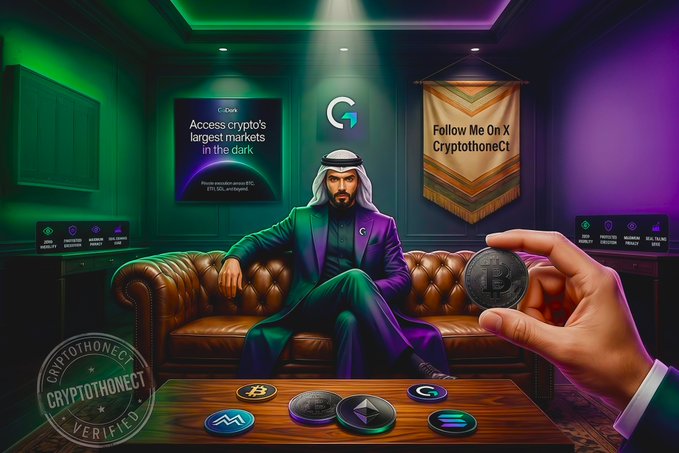 A stylized promotional image featuring a figure in traditional Arab dress sitting on a leather couch, with a Bitcoin being held in the foreground, Coinbase signage reading 'Access crypto's largest markets in the dark,' and a 'CryptohoneCt Verified' watermark.