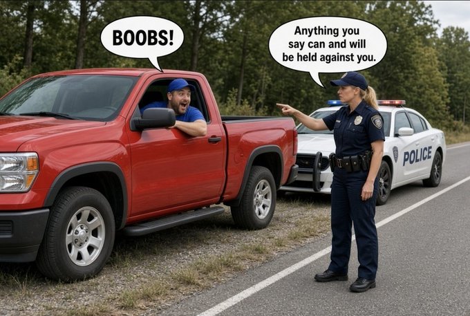 A meme featuring a traffic stop where a man in a red truck yells 'BOOBS!' at a female police officer, who responds with a speech bubble reading 'Anything you say can and will be held against you.'