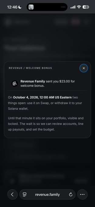 A mobile browser displays a "Revenue Family" welcome bonus notification stating they sent $23.00, with a message explaining the funds are locked in the user's account until October 4, 2026, at 12:00 AM US Eastern when they can be used for Swap or withdrawn to a Solana wallet. The screenshot directly relates to the post's skepticism about "Revenue Family," illustrating the so-called "fake miracle money" users are waiting for that sits locked in their portfolio for an extended period.