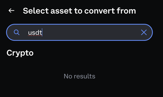 A mobile app screenshot showing a search interface titled 'Select asset to convert from' with the text 'usdt' typed in the search bar, returning 'No results' under the Crypto category.