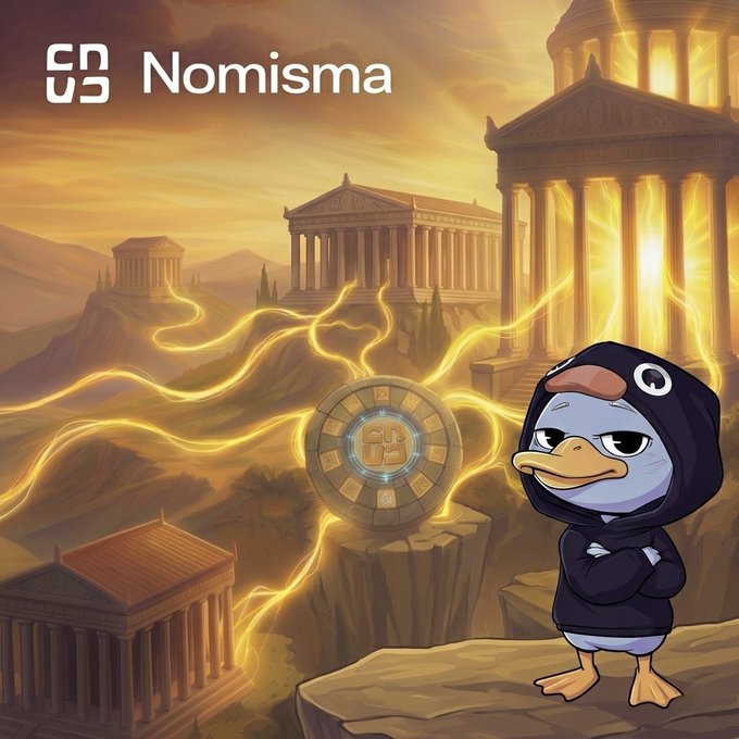 A promotional graphic for 'Nomisma' showing a hooded duck character standing before ancient Greek temples with glowing golden energy streams connecting to a central token emblem.
