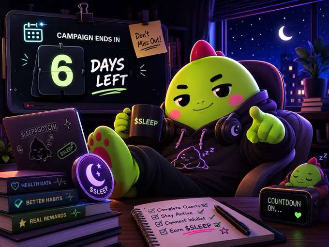 A digital illustration of a green, round character with pink cheeks wearing headphones, holding a mug labeled '$SLEEP' next to a screen displaying 'CAMPAIGN ENDS IN 6 DAYS LEFT' and a 'SLEEPAGOTCHI' laptop.