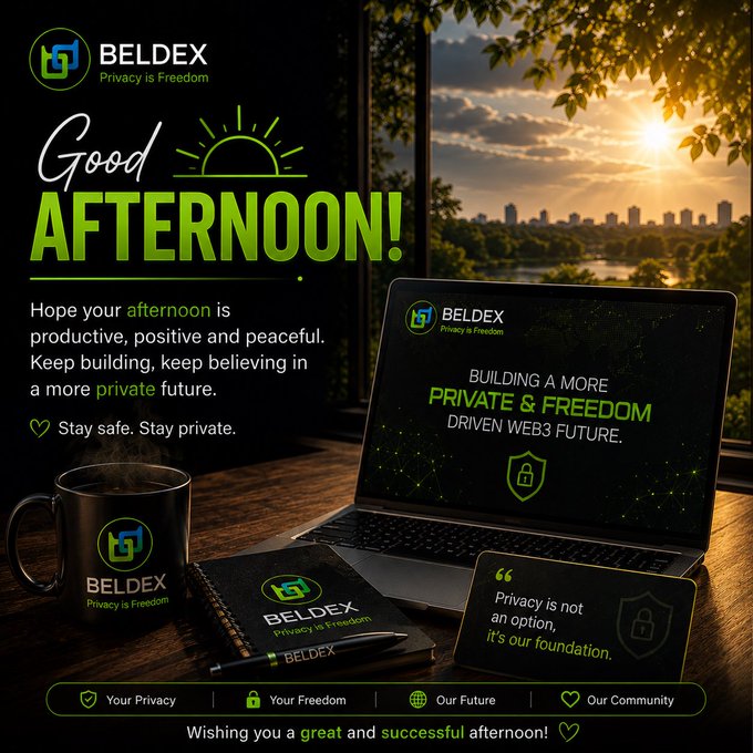 A promotional graphic for BELDEX ('Privacy is Freedom') wishing 'Good AFTERNOON!', showing a branded laptop, mug, and notebook on a desk beside a window with a sunset cityscape.