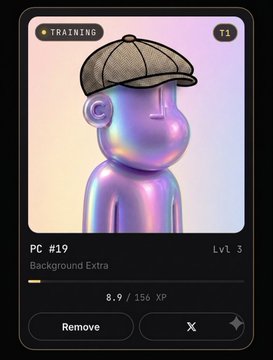 A dark UI screenshot shows a "TRAINING T1" card featuring a pearlescent, holographic cartoon character wearing a detective flat cap, with text reading "PC #19," "Background Extra," "Lvl 3," and "8.9 / 156 XP," alongside "Remove" and "X" buttons. The image directly ties to the post, as the user is humorously comparing the Level 3 "Background Extra" playable character and its detective hat to the Peaky Blinders.
