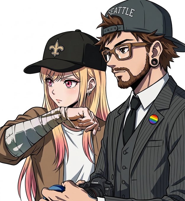 An anime-style illustration shows a blonde girl with pink-streaked hair in a black cap alongside a bearded man wearing glasses, a Seattle cap, and a pinstripe suit with a rainbow pin, holding a Canon camera. The image humorously ties to the post about launching a token for "makooor" on Robinhood, though the creator admits they have no idea why Justin is in the image.